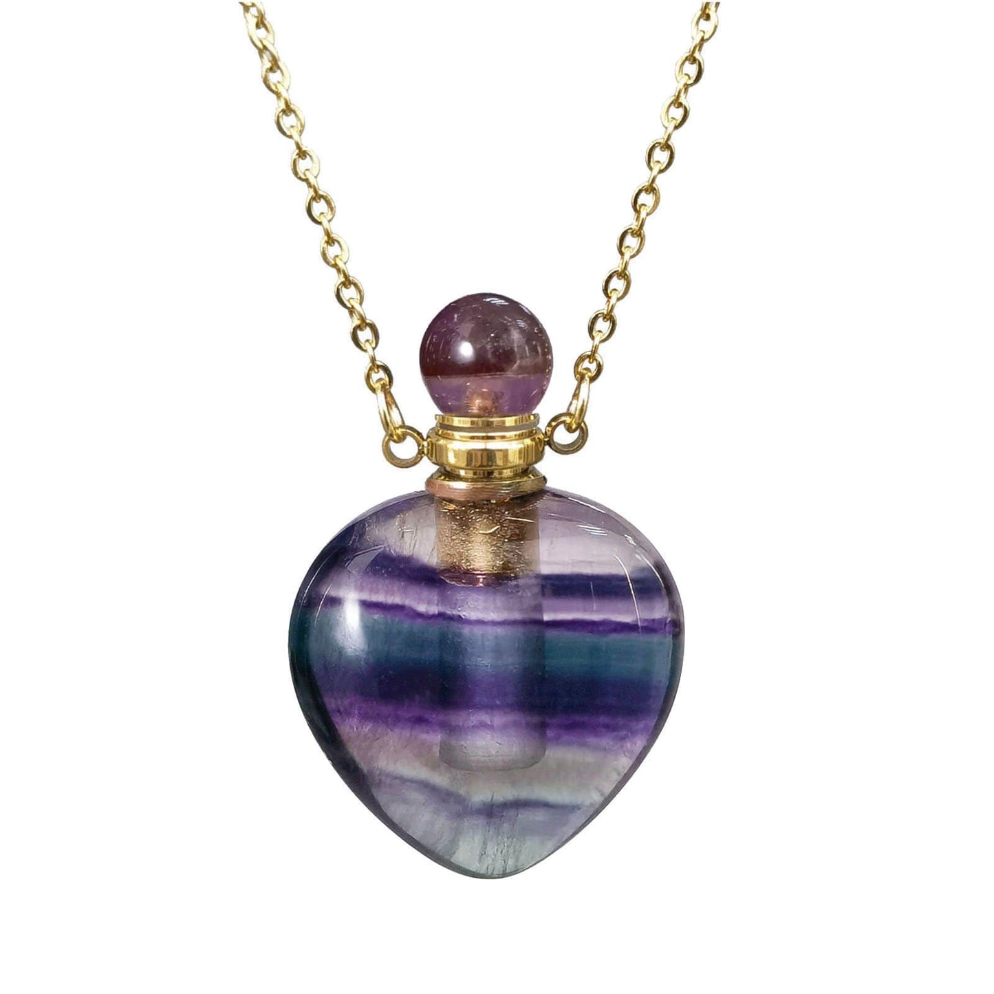 Ladywowu Perfume Bottle Necklace, Heart Shape Fluorite Crystal Necklace, Natural Gemstone necklaces for Women, Heaing Stone Vial Necklace Pendant for Liquid, Essential Oil