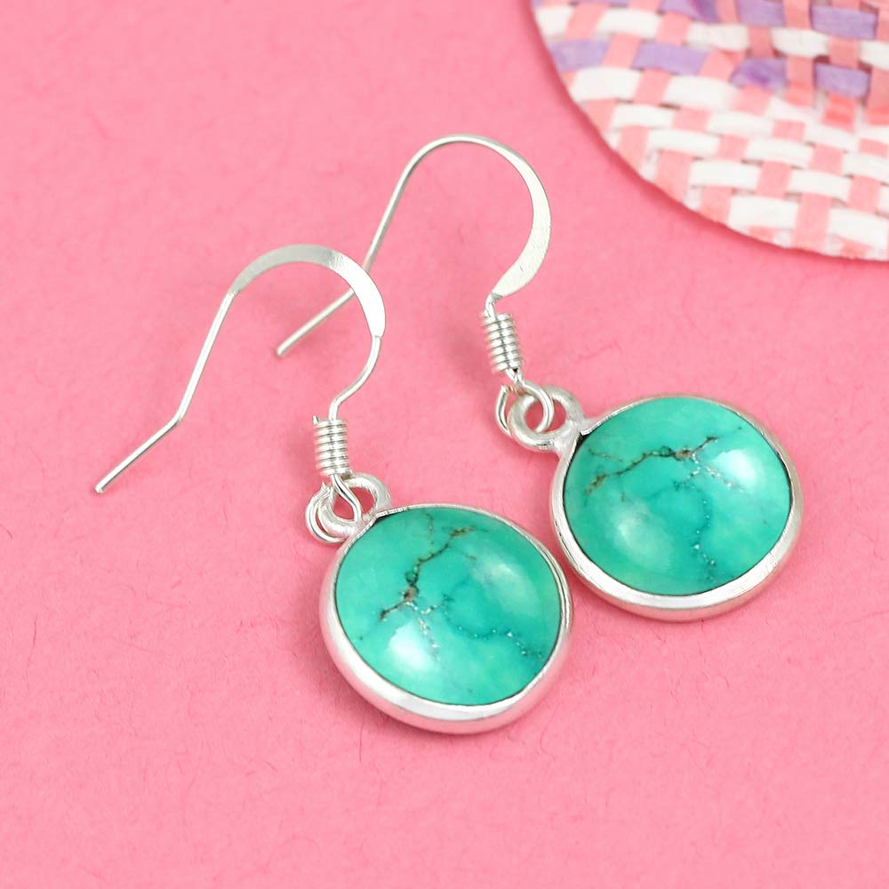 Natural Turquoise 925 Silver Plated Dangle Earrings for Women - Round Shape Green Color Gemstone December Birthstone Handmade Jewelry Earrings - Birthday Gift for Her