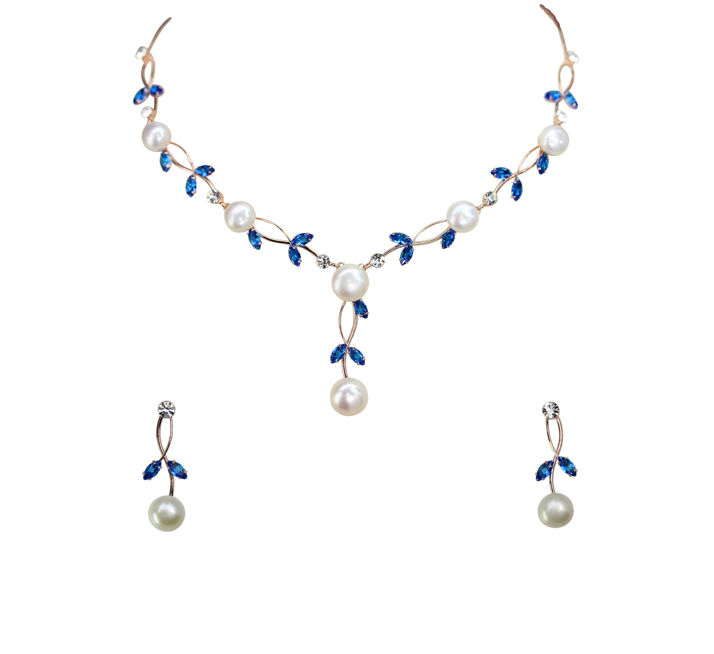 Faship Gorgeous Blue CZ Crystal Genuine Freshwater Pearls Floral Necklace Earrings Set - Blue/Rose Gold Plated