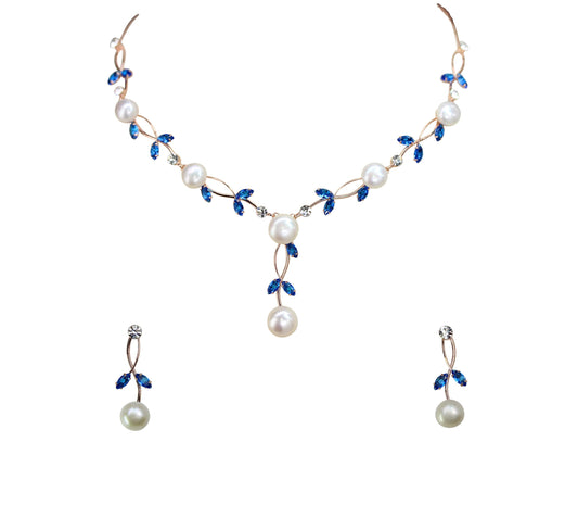 Faship Gorgeous Blue CZ Crystal Genuine Freshwater Pearls Floral Necklace Earrings Set - Blue/Rose Gold Plated