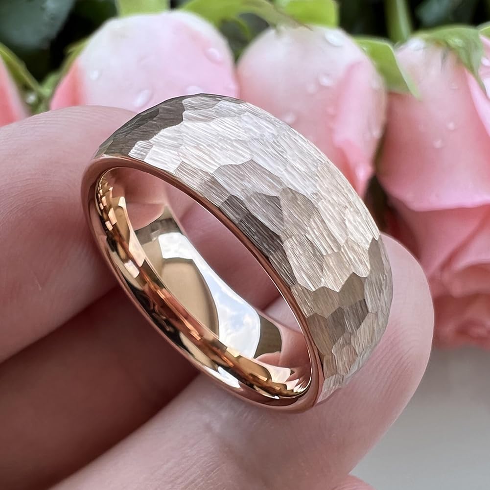 TUTISS 8mm Rose Gold Hammered Tungsten Rings for Men Women Engagement Wedding Bands Domed I Love You Engraved Comfort Fit Size 9