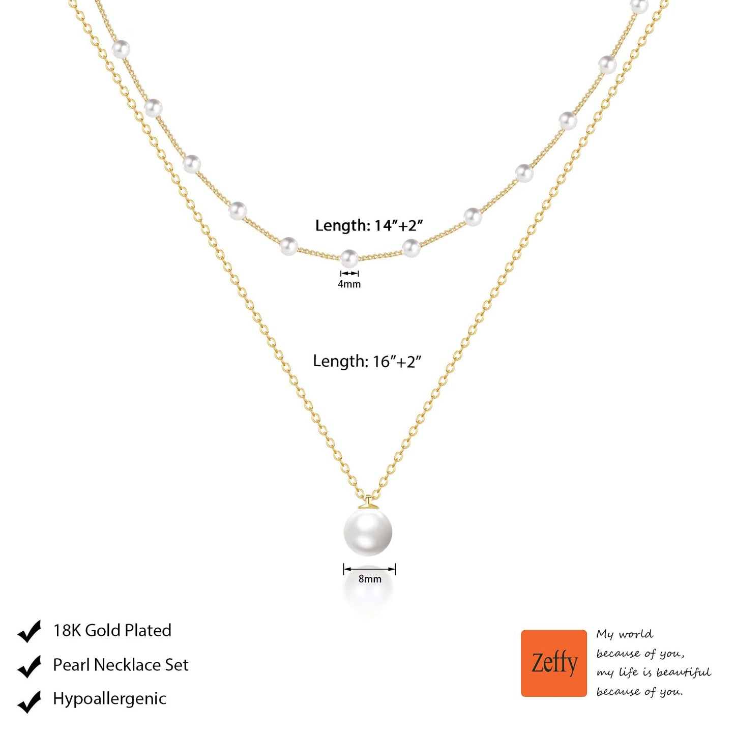 Zeffy Layered Gold Pearl Necklaces for Women 14K Gold Plated Dainty Layered Tiny Single Pearl Choker Trendy Cute Gold Necklace Stack Wedding Jewelry Sets for Women Bridesmaid Gifts 2PCS