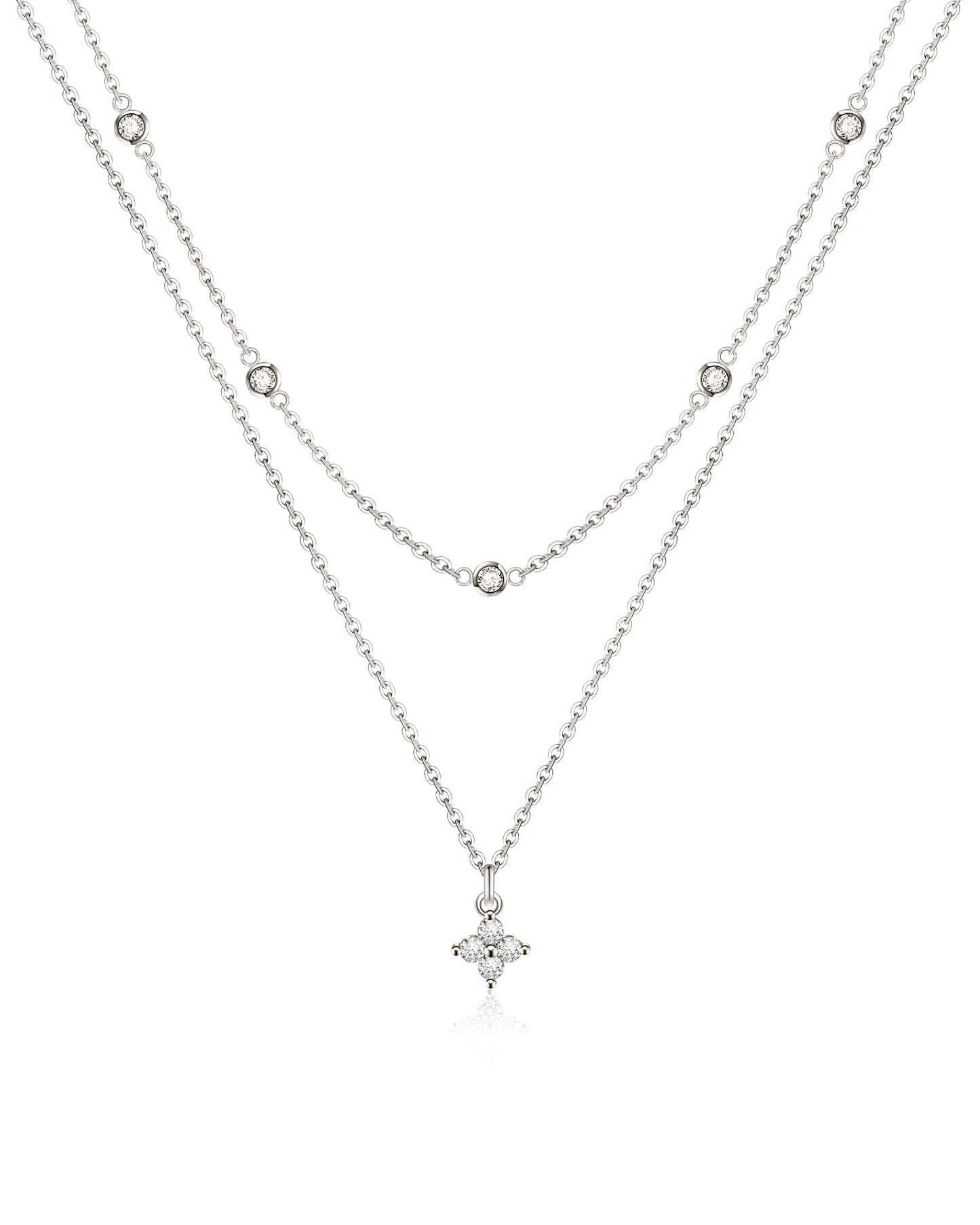 ACECHA Diamond Necklaces for Women-Dainty 18K Gold Silver Plated Choker CZ Layered Pendant with Zircon Cross Trendy Minimalist Necklace Jewelry Gifts For Women (silver-diamond clover)