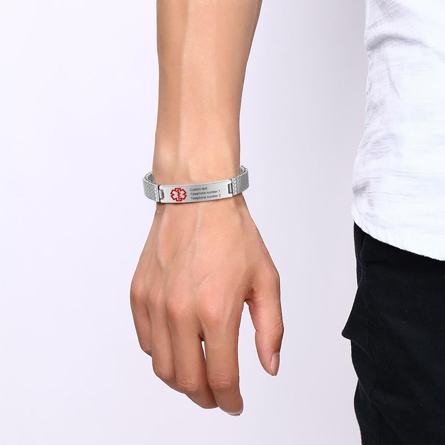 Personalized Medical ID Bracelets for Men - Custom Emergency Alert Bracelet for Women Engraved Medic Info Elastic Stainless Steel Bracelets for Family Autism Allergy Diabetic Epilepsy (Silver, 18cm)
