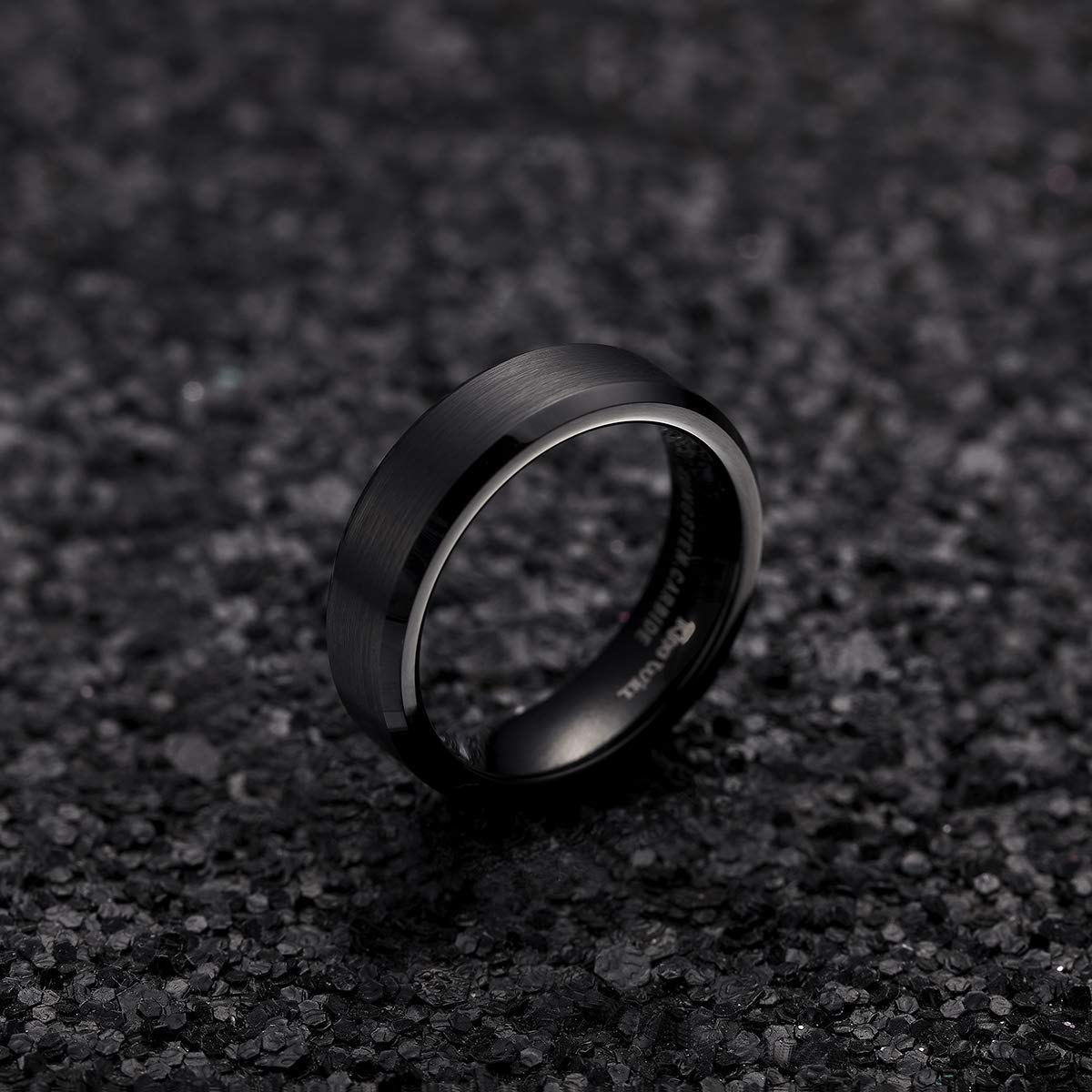 King Will 6mm Men's Black Wedding Ring - Brushed Matte Surface, Beveled Polished Edge, Comfort Fit Size 15