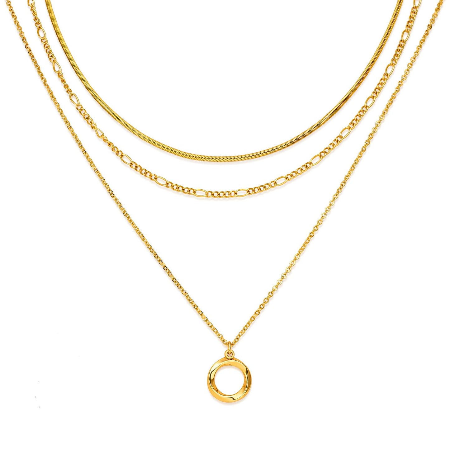 LANE WOODS 3-Piece Layered Gold Necklace Set for Women, 14k Gold Plated Dainty Circle Pendant Choker Stackable Jewelry, Adjustable Trendy Necklaces Gift for Wife Mom