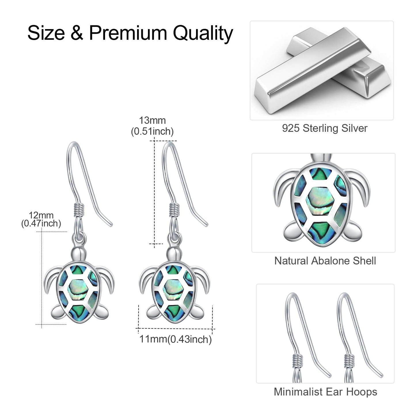 AOVEAO Abalone Turtle Dangle Earrings,S925 Sterling Silver Tortoise Ocean Sea Animal Earring Jewelry for Women Girlfriend Mom Wife Girlfriend Birthday Mothers Day Sister Friend for Sensitive Ears