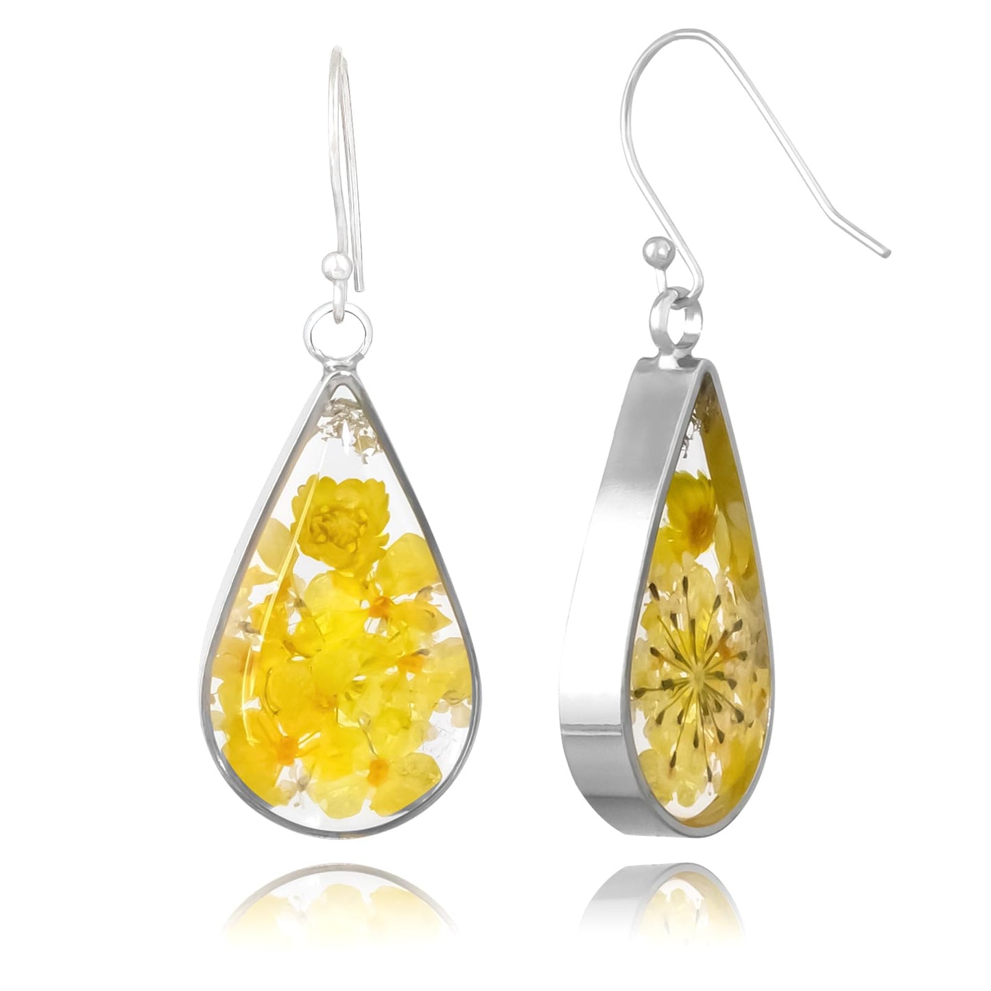 925 Sterling Silver Pressed Flower Teardrop Earrings,Hypoallergenic Women's Jewelry Gift for Mom,Handmade natural dried flower teardrop earrings Jewelry Gift (Yellow jade beads silver)