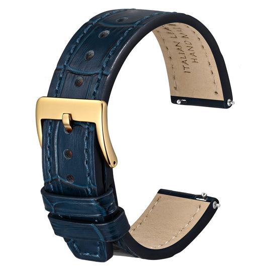 ANBEER 18mm Italian Alligator Grain Embossed Pattern Leather Watch Strap,Quick Release Calfskin Replacement Watch Band for Men Women,Dark Blue with Gold Buckle