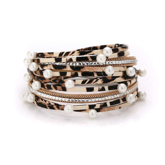 Leopard Print Color Multi-layer PU Leather Bracelet Versatile Women's Jewelry Horsehair Leather Bracelet Gifts for Women for Women (Pearl)