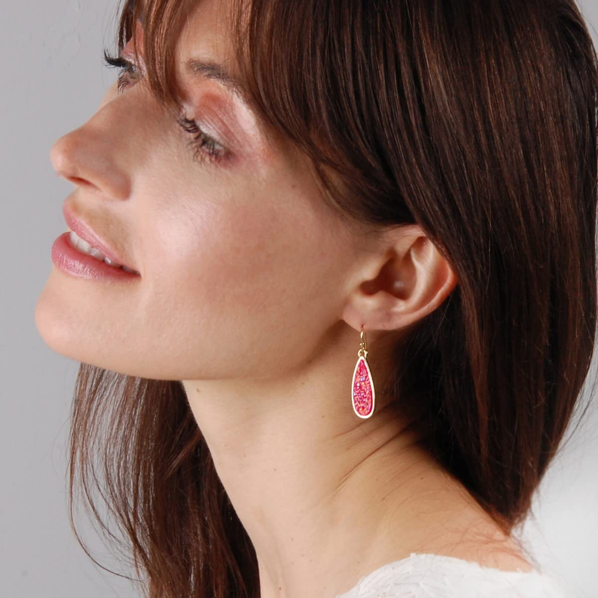 Simulated Druzy Drop Dangles - Sparkly Long Teardrop Dangly Earrings for Women, Gold Tone - Hot Pink Stone