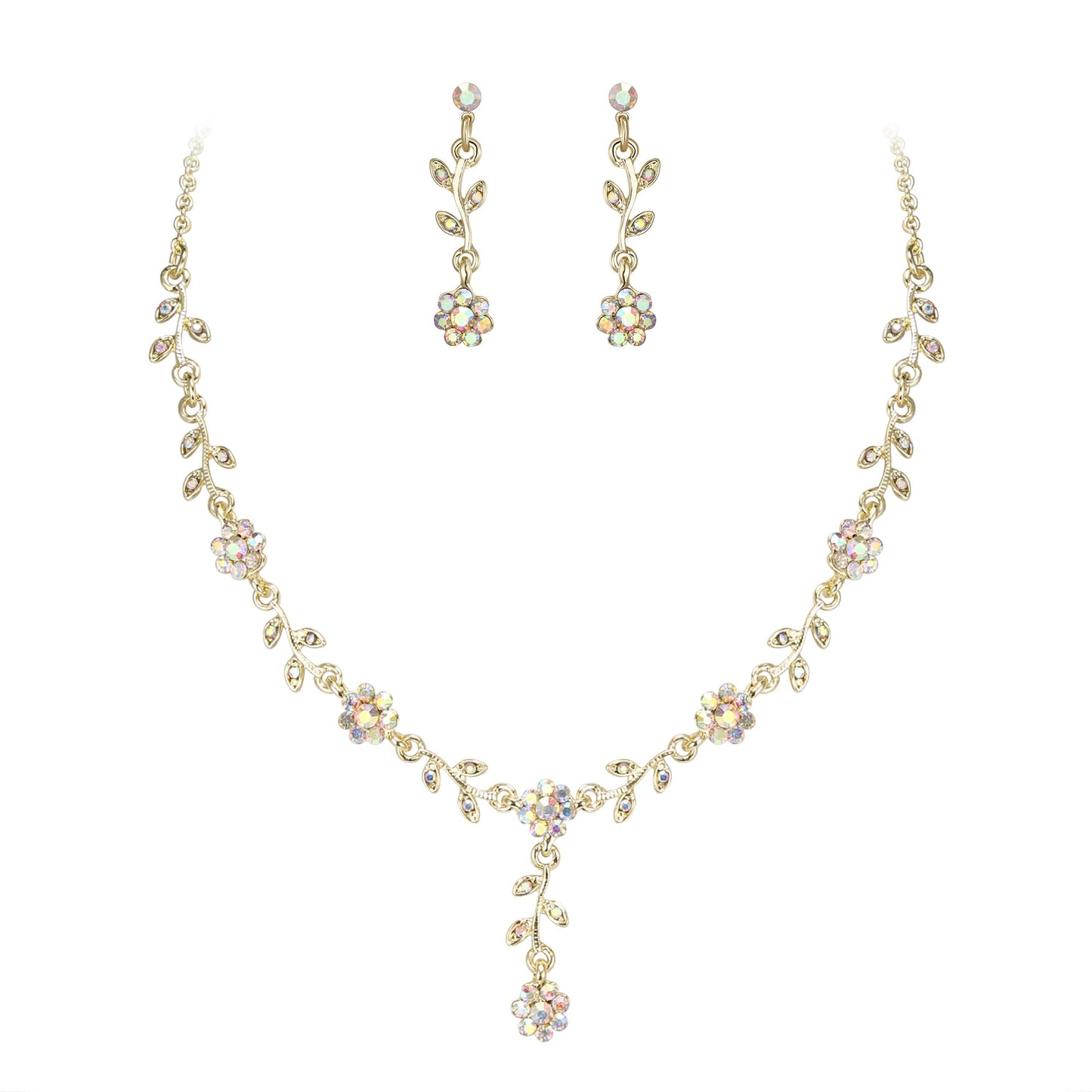 EVER FAITH Wedding Jewelry Sets for Women Rhinestone Crystal Elegant Cluster Flower Bridal Necklace Earrings Set fit with Prom Party Dress Iridescent AB Gold-Tone
