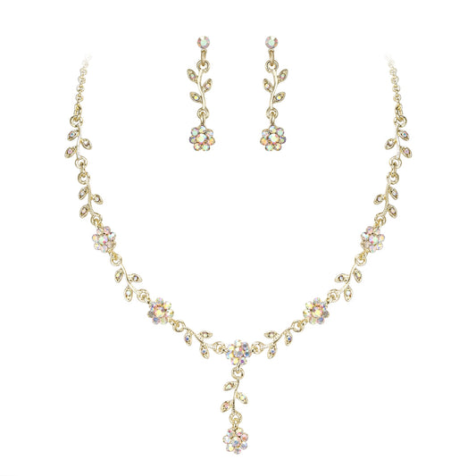 EVER FAITH Wedding Jewelry Sets for Women Rhinestone Crystal Elegant Cluster Flower Bridal Necklace Earrings Set fit with Prom Party Dress Iridescent AB Gold-Tone