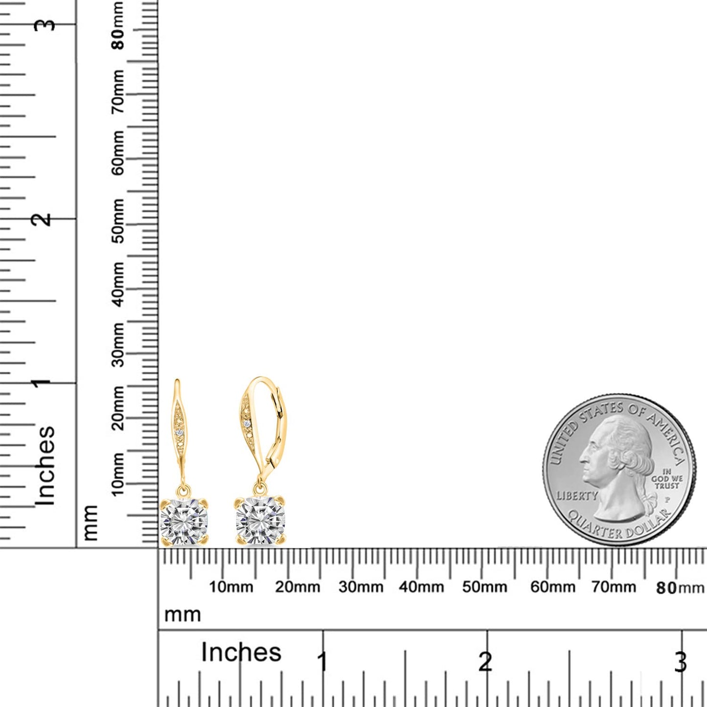 Gem Stone King Drop Dangle Earrings For Women | 7MM Cushion Cut Gemstone Birthstone and Diamond | 925 Sterling Silver | Jewelry Gift for Mom Wife Her | White Moissanite-April | Yellow Gold