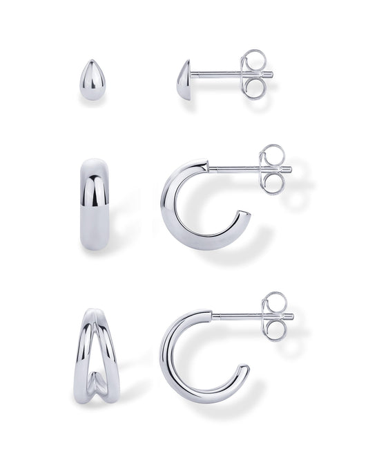 PAVOI Rhodium Plated 925 Sterling Silver Posts 3-Pair Statement Earscape Earrings for Women - Three Set Double Huggie Multi Hoop Teardrop Stud Stack Piercing Pack