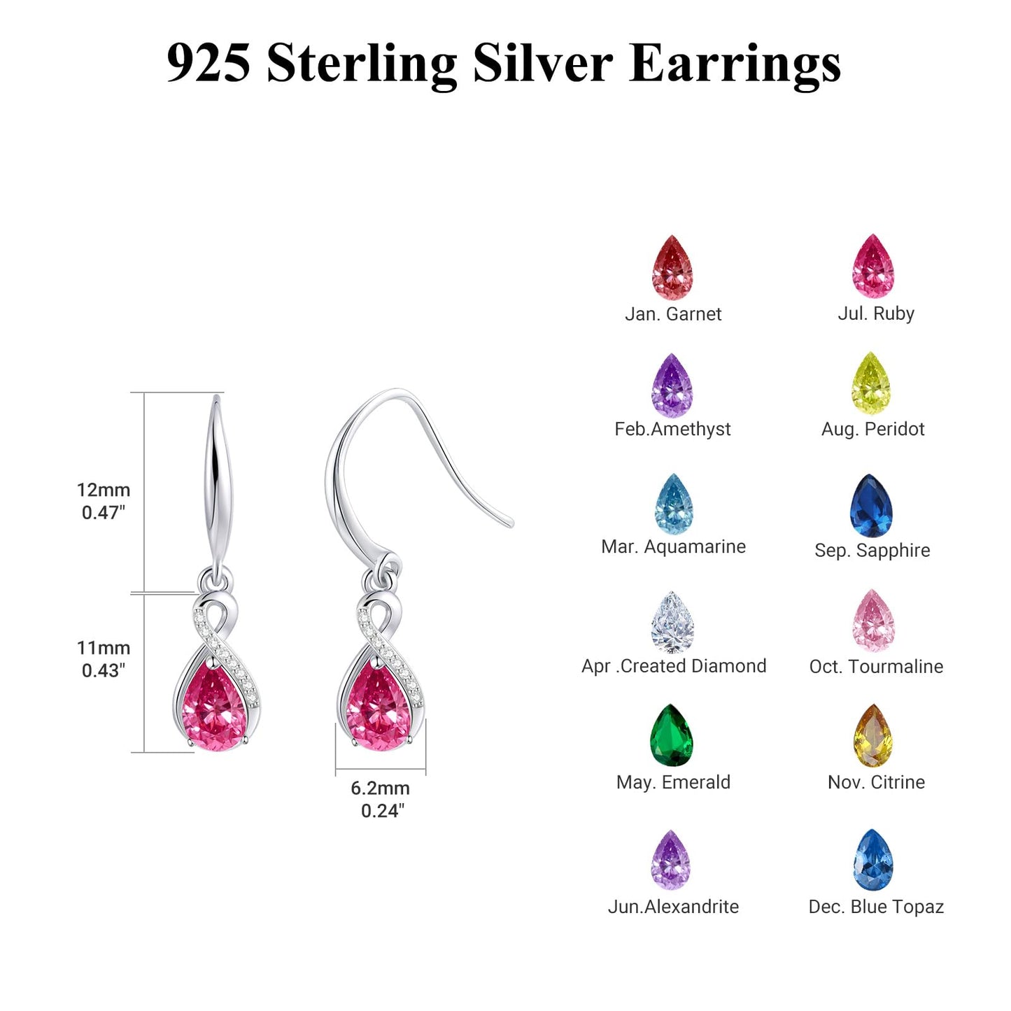 Infinity Birthstone Earrings 18K White Gold Plated 925 Sterling Silver Teardrop Infinity Drop Dangle Earrings July Birthstone Jewelry Birthday Gifts for Women Her Mother Wife