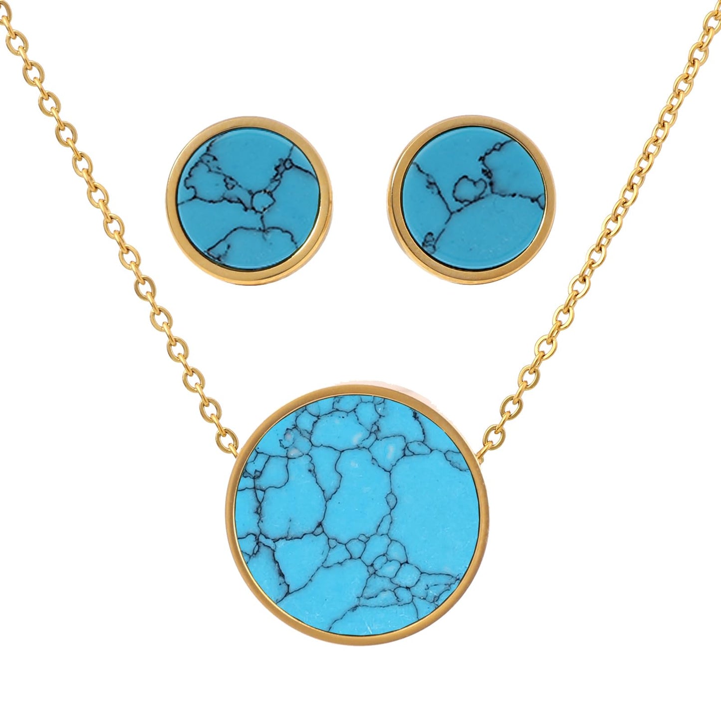 TaYolnFaSo Round Turquoise Jewelry Set for Women 18K Gold Plated Turquoise Necklace Studs Earrings Set Dainty Jewelry Gift