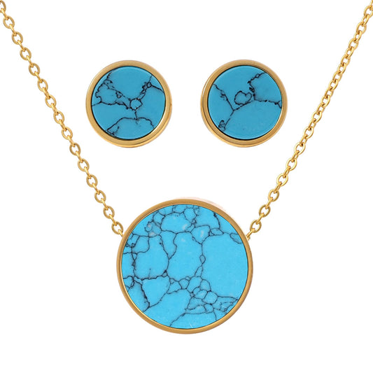 TaYolnFaSo Round Turquoise Jewelry Set for Women 18K Gold Plated Turquoise Necklace Studs Earrings Set Dainty Jewelry Gift