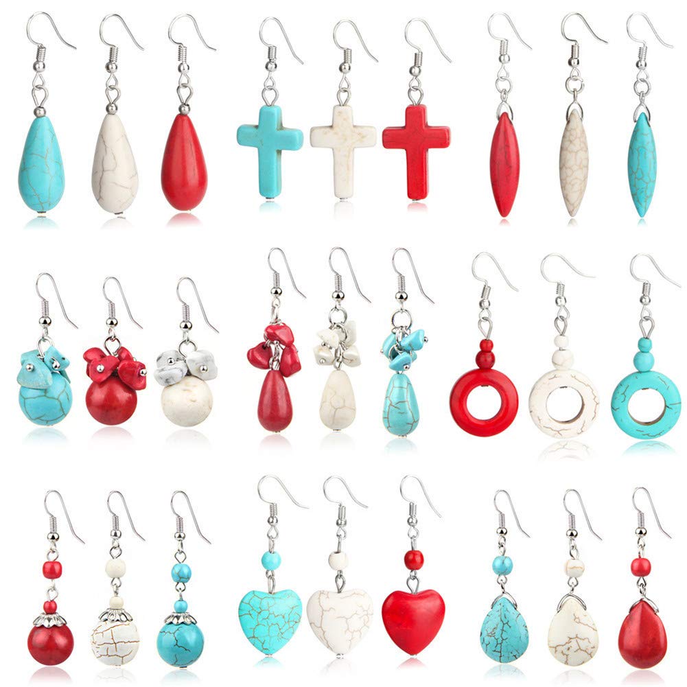 Double Turquoise Drop Earrings Natural Stone Round Bead Ball Dangle Earrings for Women Fashion Jewelry Gift (K:red)