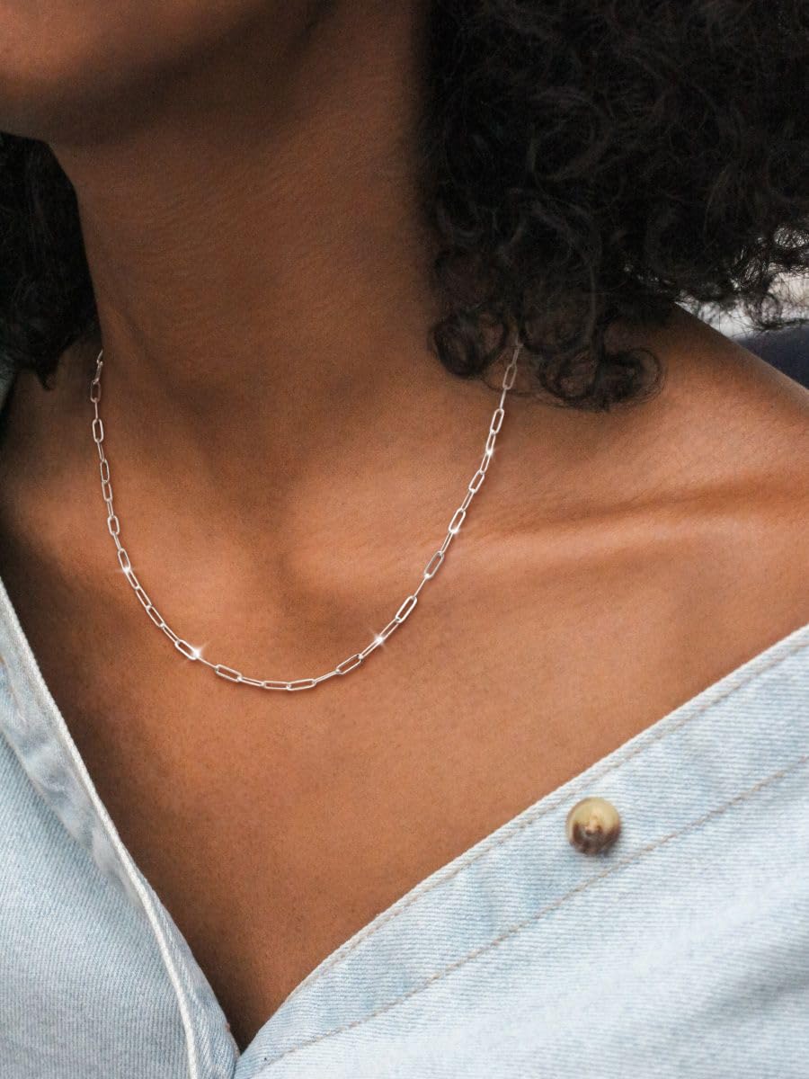 MBW Silver Simple Paperclip Chain Necklace, Dainty Sterling Silver Choker Necklace for Women Trendy 18in Waterproof Minimalist Thin Link Necklace Jewelry Gifts