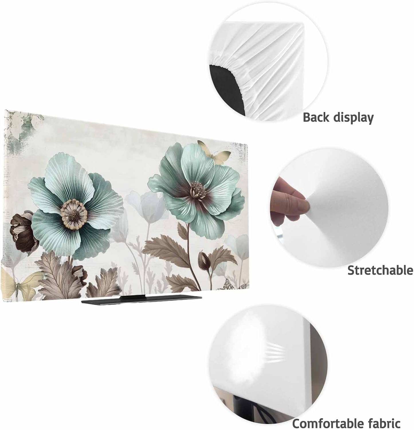 Yukro 85 Inch, 74"x42" Teal Broccoli Indoor TV Dust Cover, Rustic Farmhouse Flower Leaf Victorian Style Elastic TV