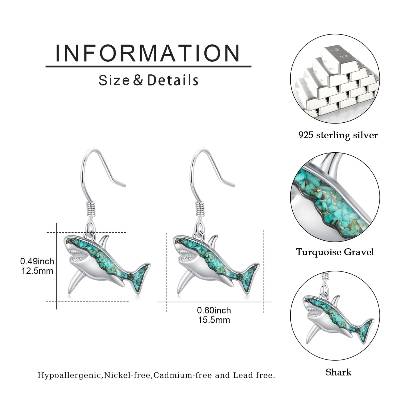 Shark Earrings for Women 925 Sterling Silver Turquoise Shark Dangle Drop Earrings Beach Themed Jewelry Ocean Gifts for Girlfriend Mom