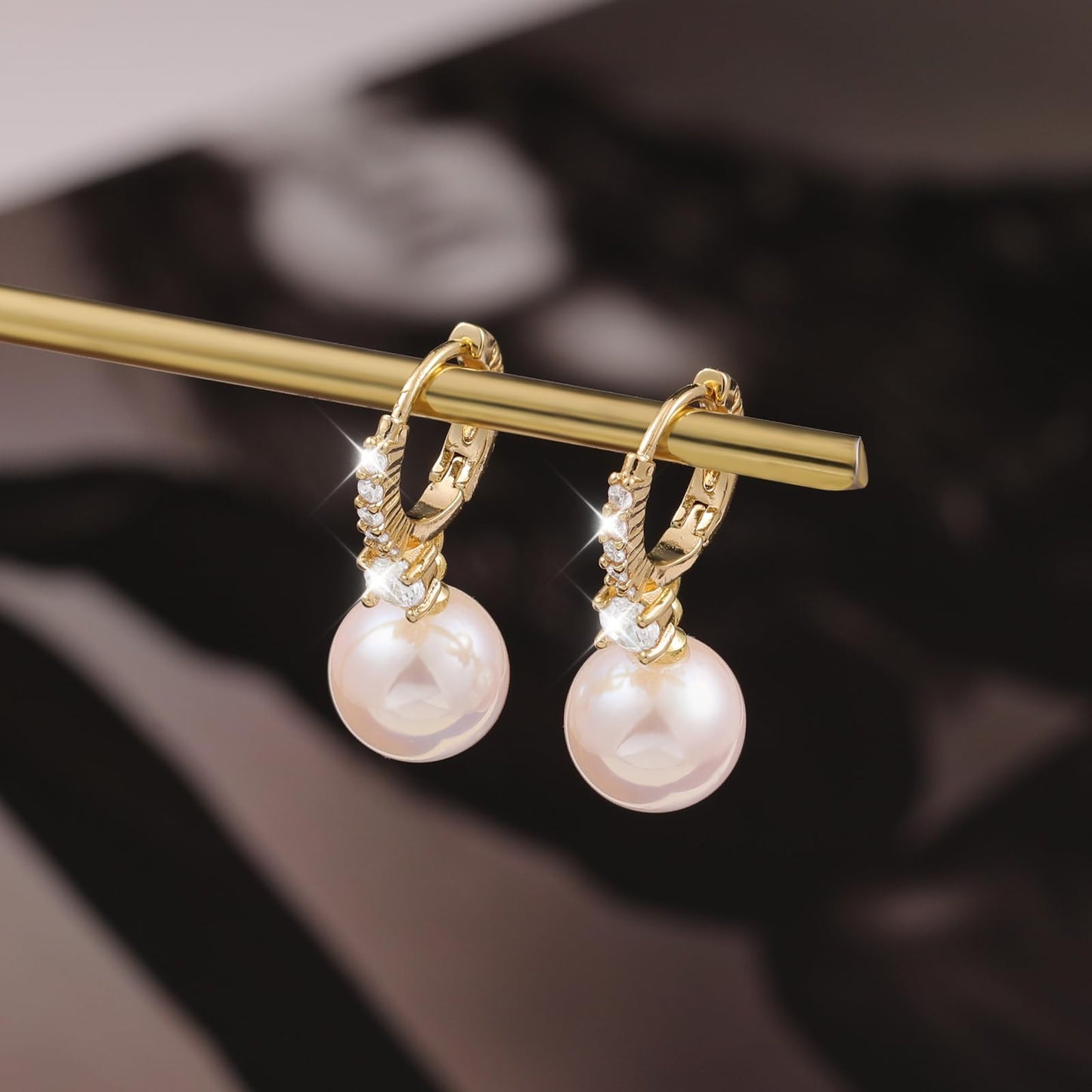 Pearl Earrings for Women 14K Gold Plated Hypoallergenic Pearl Earrings 5A Cubic Zirconia Dangle Earrings Elegant Jewelry (2-Gold-Pink)