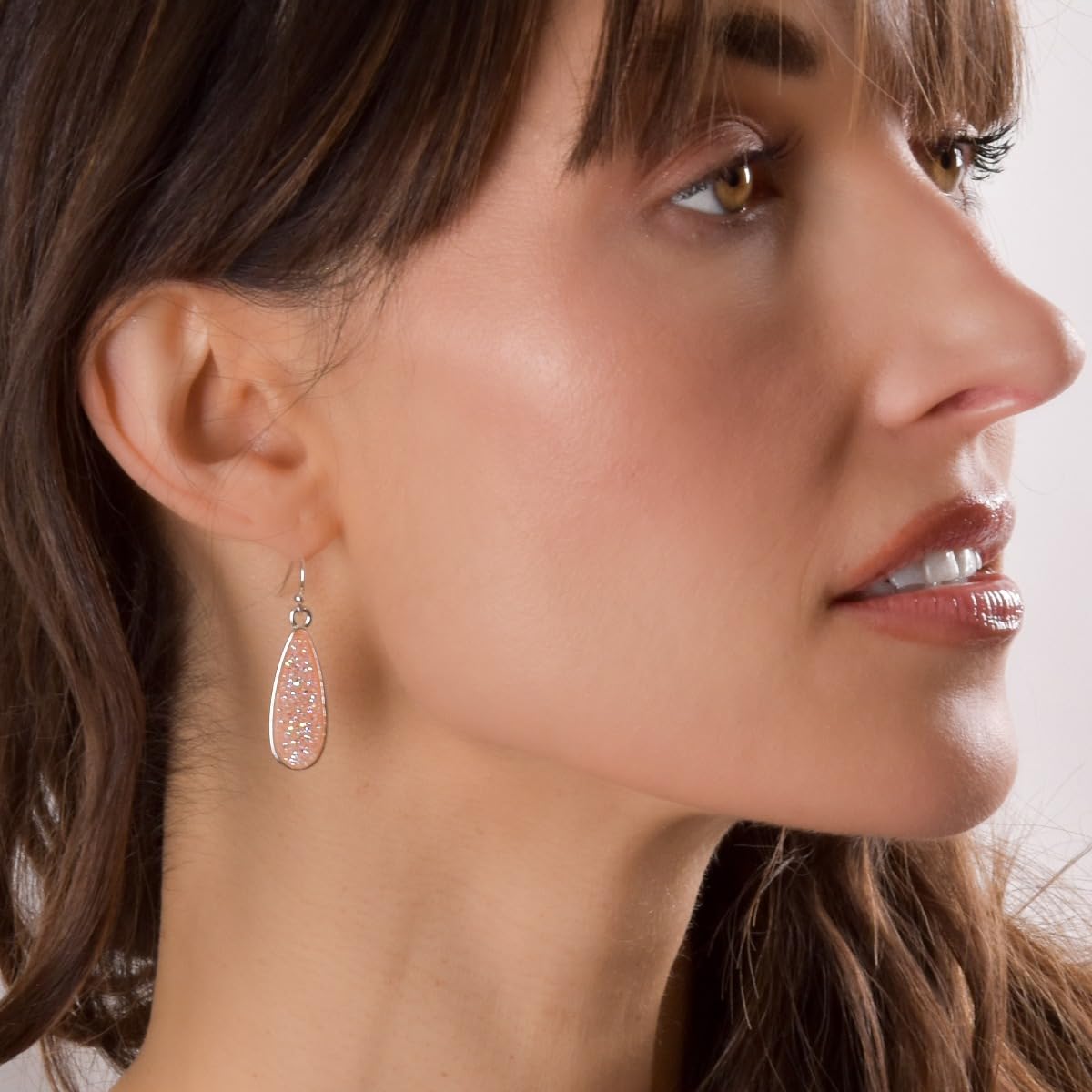 Pink Earrings for Women - Simulated Rose Quartz Earrings for Women, Silver Tone Long Dangles with Sparkly Simulated Druzy Stone, Dangling Teardrop Boho Dangle Drops, Elegant Dangly Tear Drop
