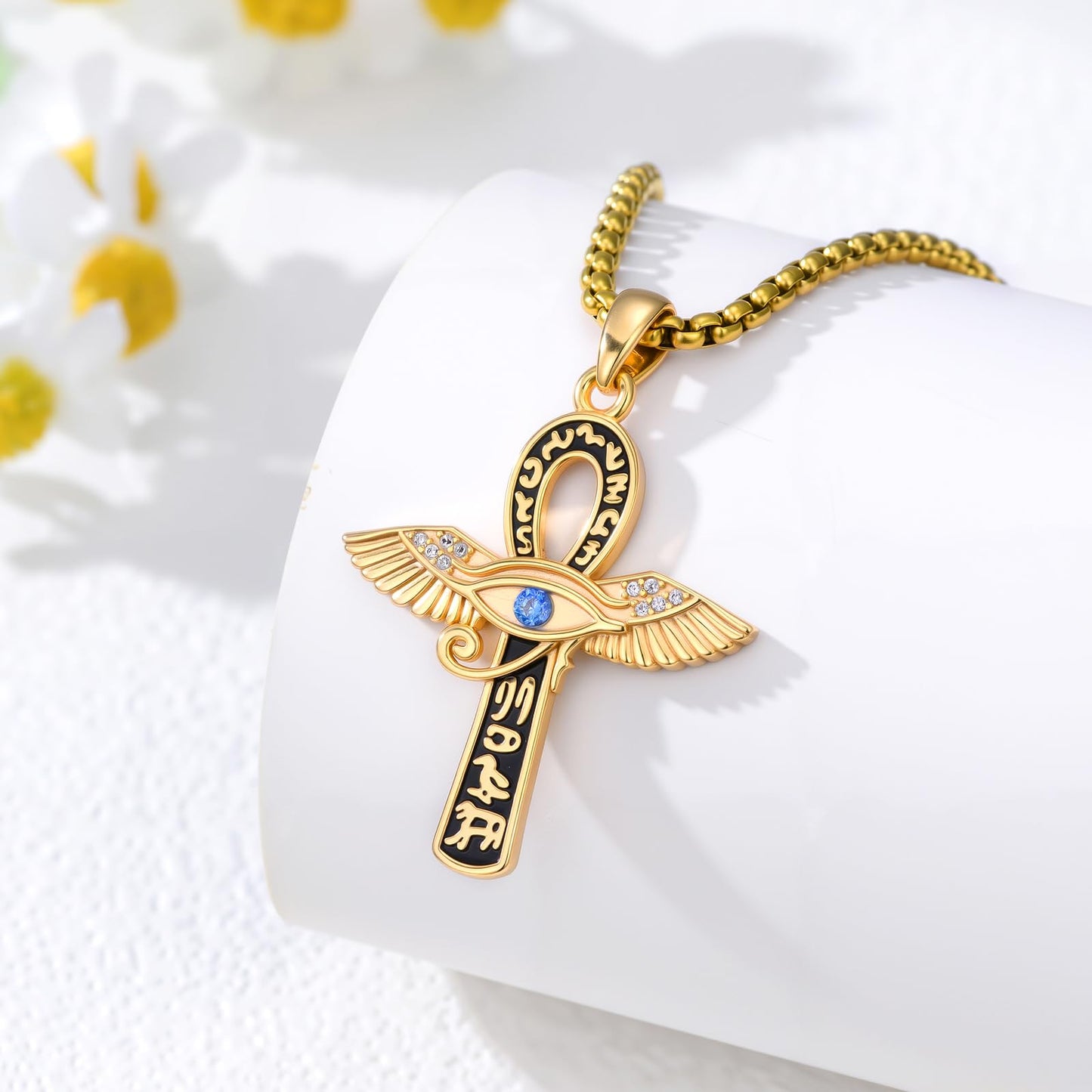 YEESIA Cross Necklace for Men Women, 925 Sterling Silver, Gold Anka Cross Pendant Necklace Evil Eye Pendant with Moonstone, Egyptian Protective Jewelry Gift for Men Women