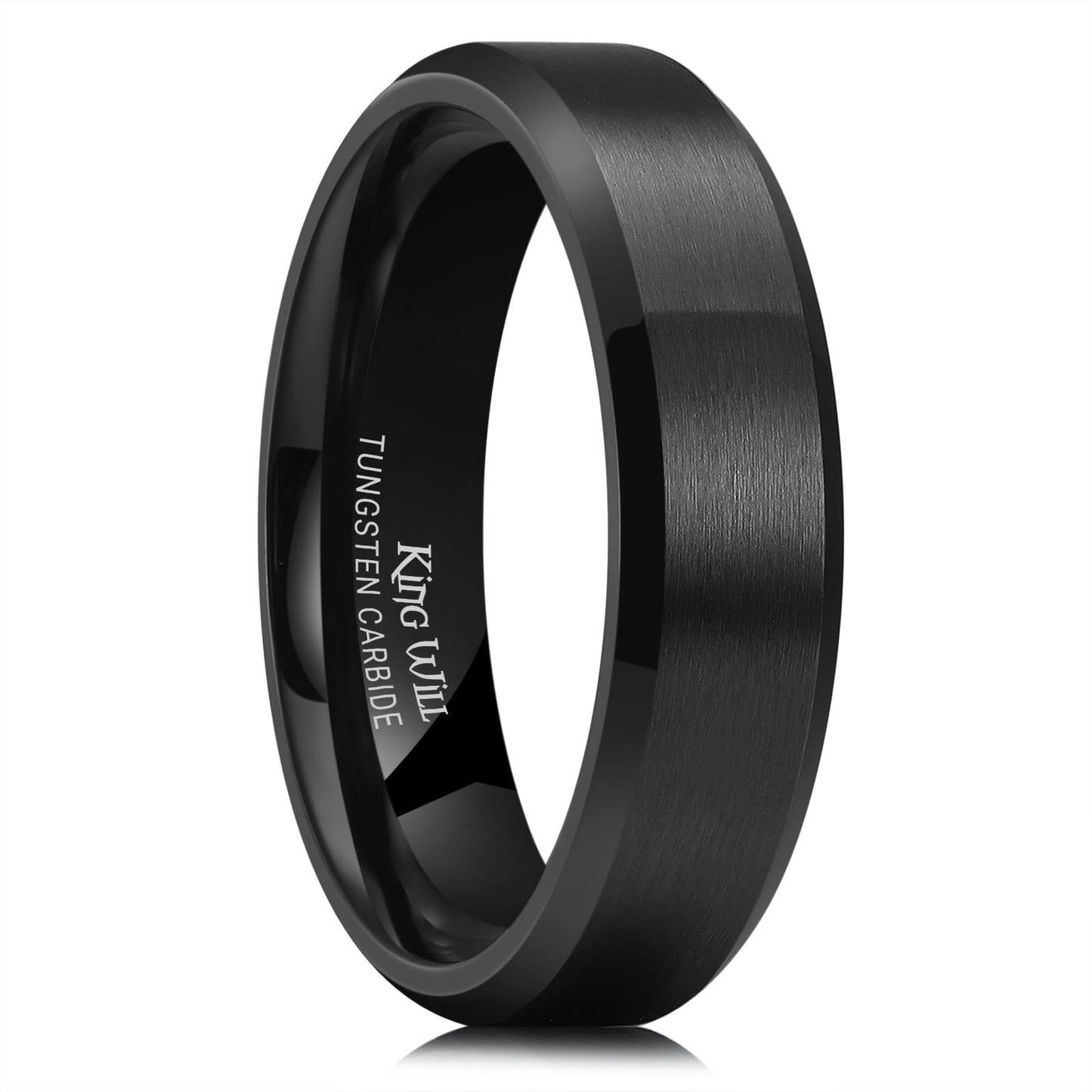 King Will 6mm Men's Black Wedding Ring - Brushed Matte Surface, Beveled Polished Edge, Comfort Fit Size 13
