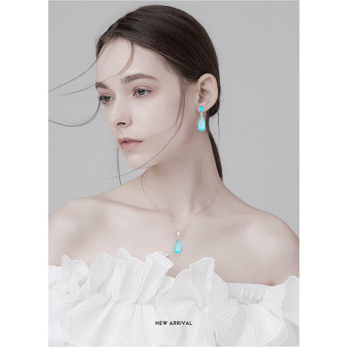 Mycitta Aquamarine Jewelry Set for Women - Sterling Silver Light Blue Teardrop Cubic Zirconia Crystal CZ Rhinestone Diamond Necklace Set for Wedding Bride Bridesmaid Mother of Bride Prom Party