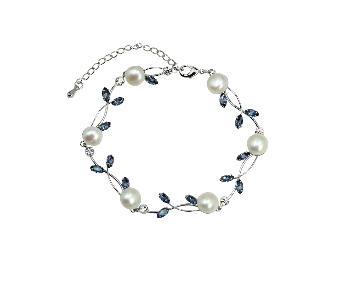 Faship Navy Blue CZ Crystal Genuine Freshwater Pearls Floral Bracelet 7.5" - 9.5" - Navy Blue/Matching Bracelet