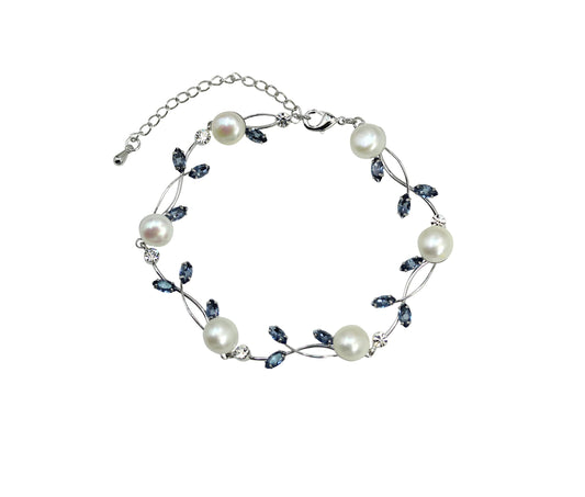 Faship Navy Blue CZ Crystal Genuine Freshwater Pearls Floral Bracelet 7.5" - 9.5" - Navy Blue/Matching Bracelet