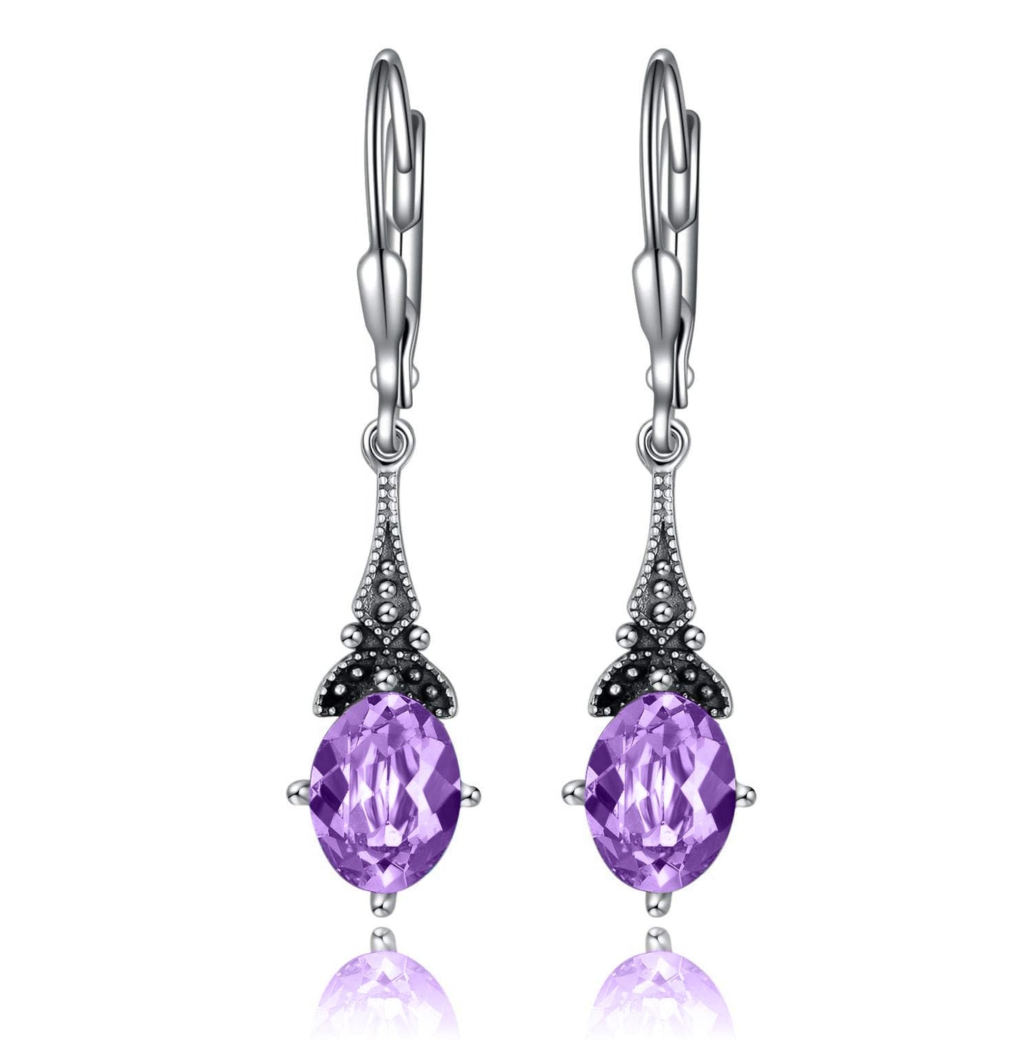 Violet Purple Earrings for Women 925 Sterling Silver Vintage Retro Leverback Drop Dangle Earrings with Lavender Purple June Birthstone Crystals