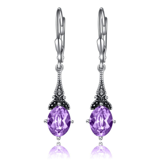 Violet Purple Earrings for Women 925 Sterling Silver Vintage Retro Leverback Drop Dangle Earrings with Lavender Purple June Birthstone Crystals