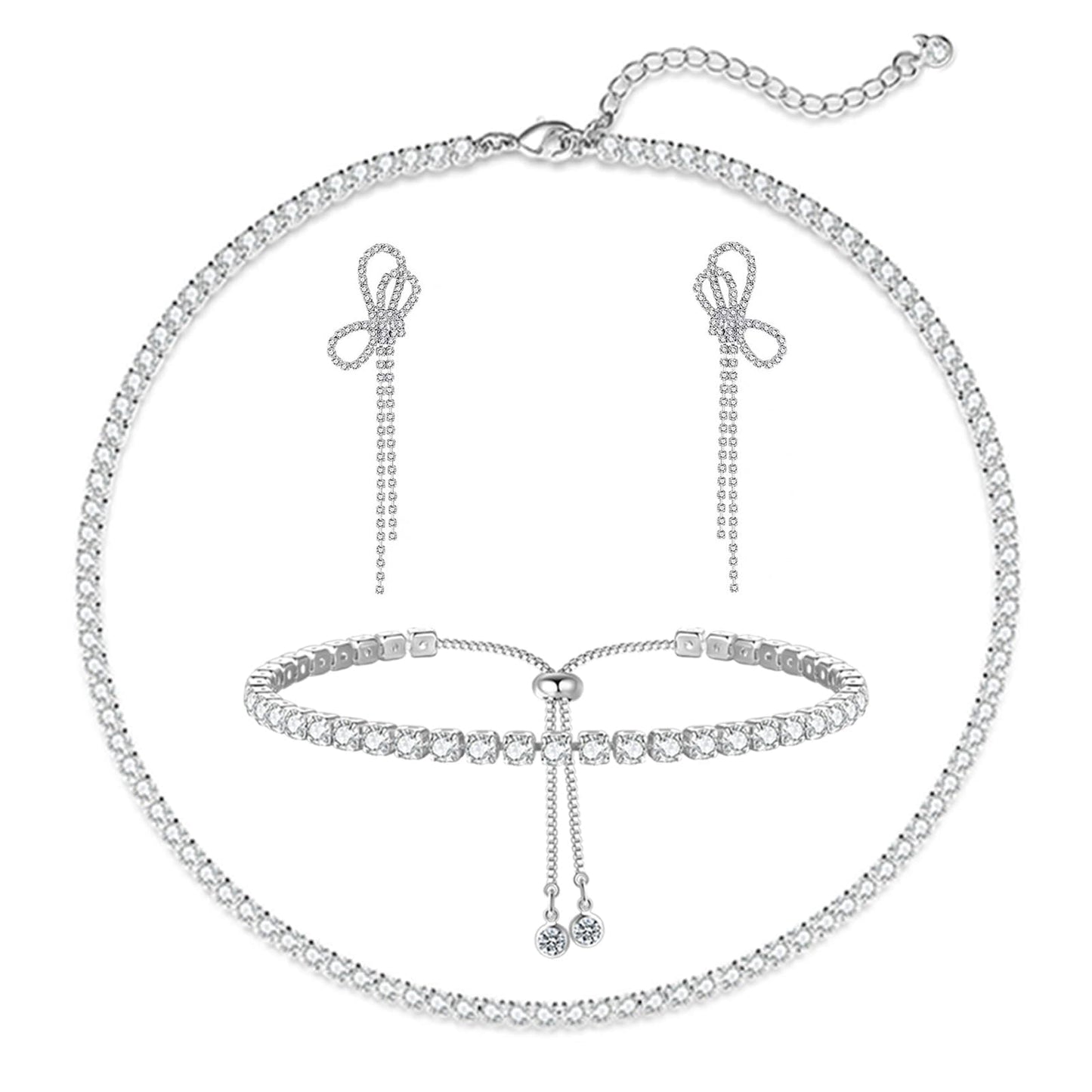 LULII Tennis Necklace Set for Women Dainty Sterling Silver Necklace and Earring Sets Rhinestone Bow Dangle Earrings Crystal Bracelets for Women Silver Jewelry Sets for Bride Gift