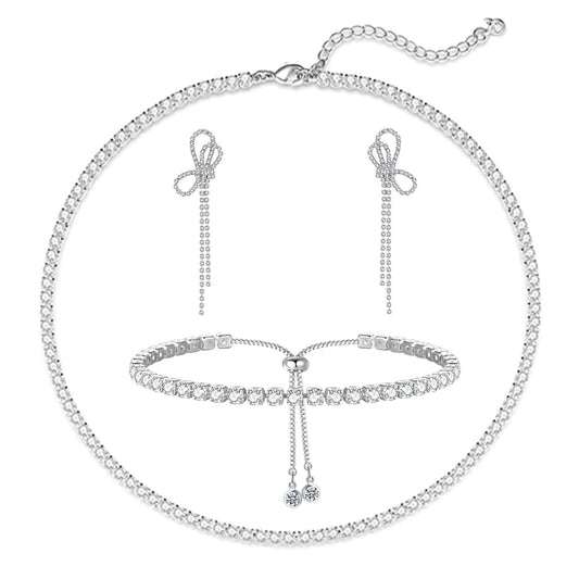 LULII Tennis Necklace Set for Women Dainty Sterling Silver Necklace and Earring Sets Rhinestone Bow Dangle Earrings Crystal Bracelets for Women Silver Jewelry Sets for Bride Gift