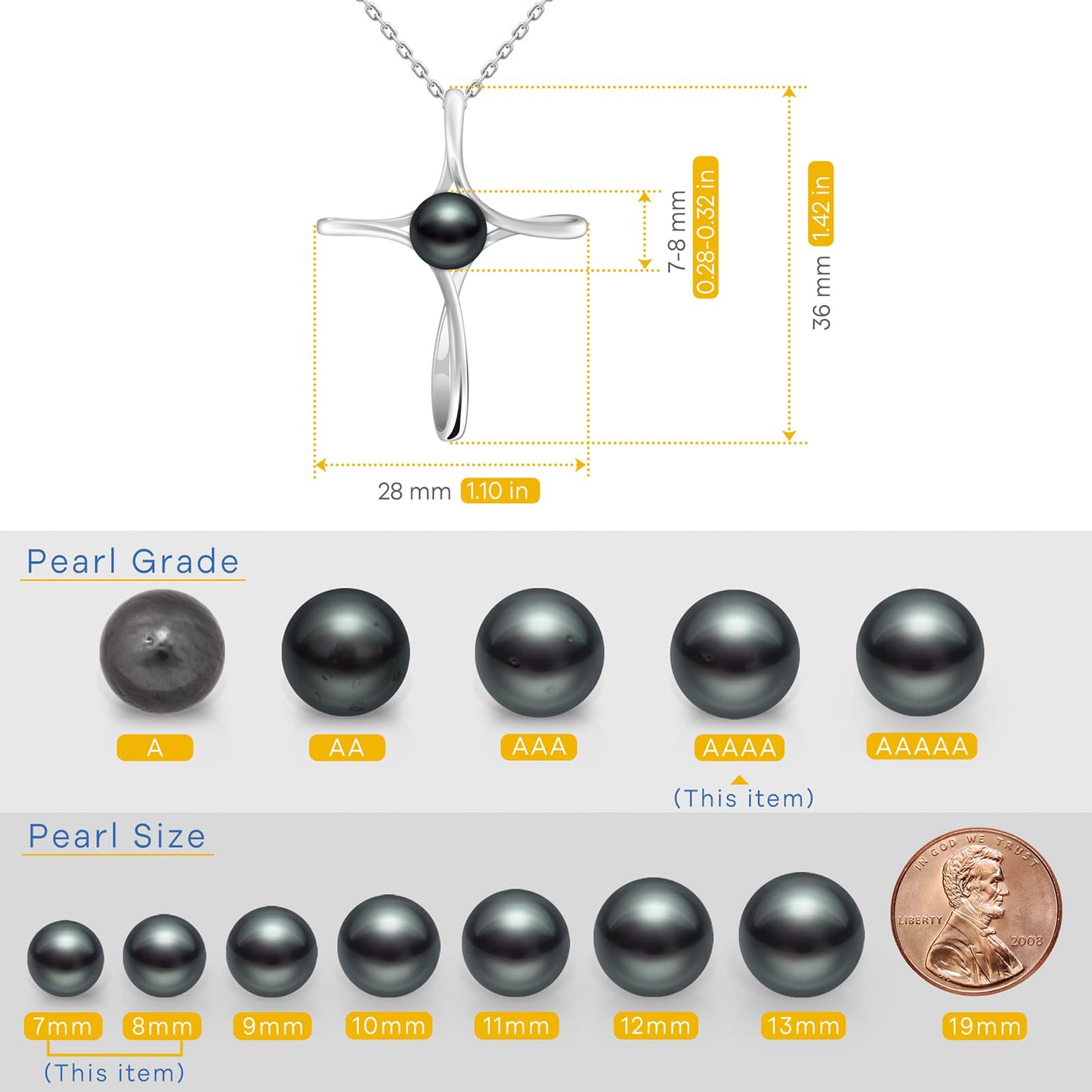 Atopearl Gift for Mom Black Pearl Necklaces for Women Wife 7-8mm AAAA Tahitian Cross Pendant Jewelry Chain Valentine's day gift for her Wedding Birthday Anniversary Christmas