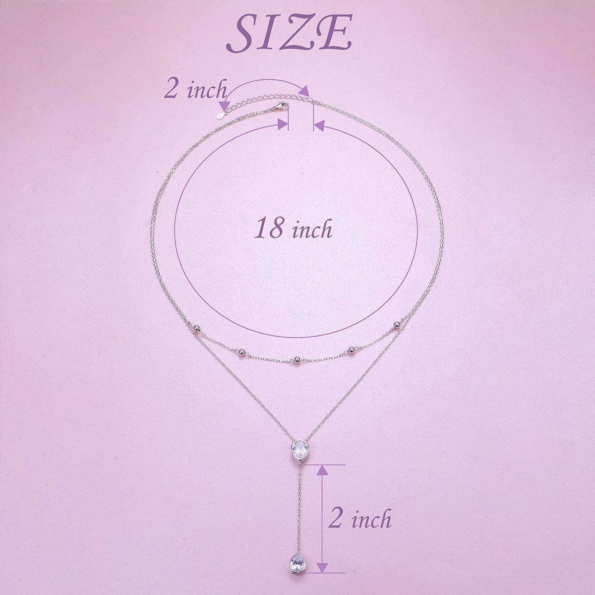 FLYOW S925 Sterling Silver Double Layered Necklace Teardrop CZ Choker Y Lariat Necklace Birthday Gifts for Women Wife Fiancée