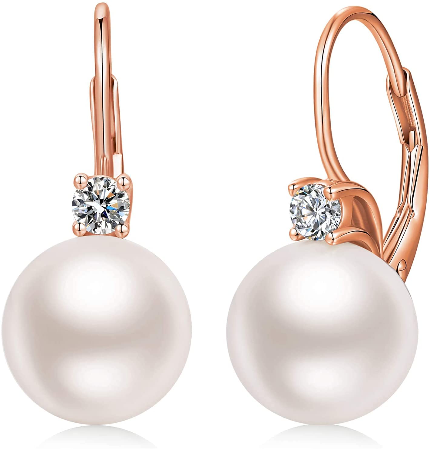 Pearl Dangle Drop Earrings for Women Sterling Silver Cubic Zirconia Leverback Earring 10mm Jiahanzb