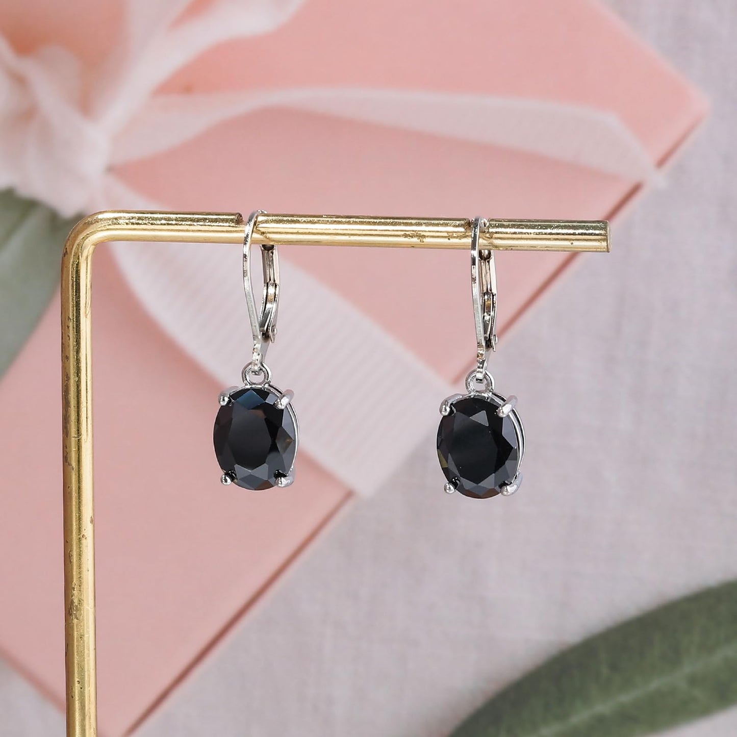 CiNily Cut-Oval Leverback Dangle Earrings for Women Black Cubic Zircon 14k White Gold Plated Hypoallergenic Hanging Earrings Lightweight Summer Drop Earrings