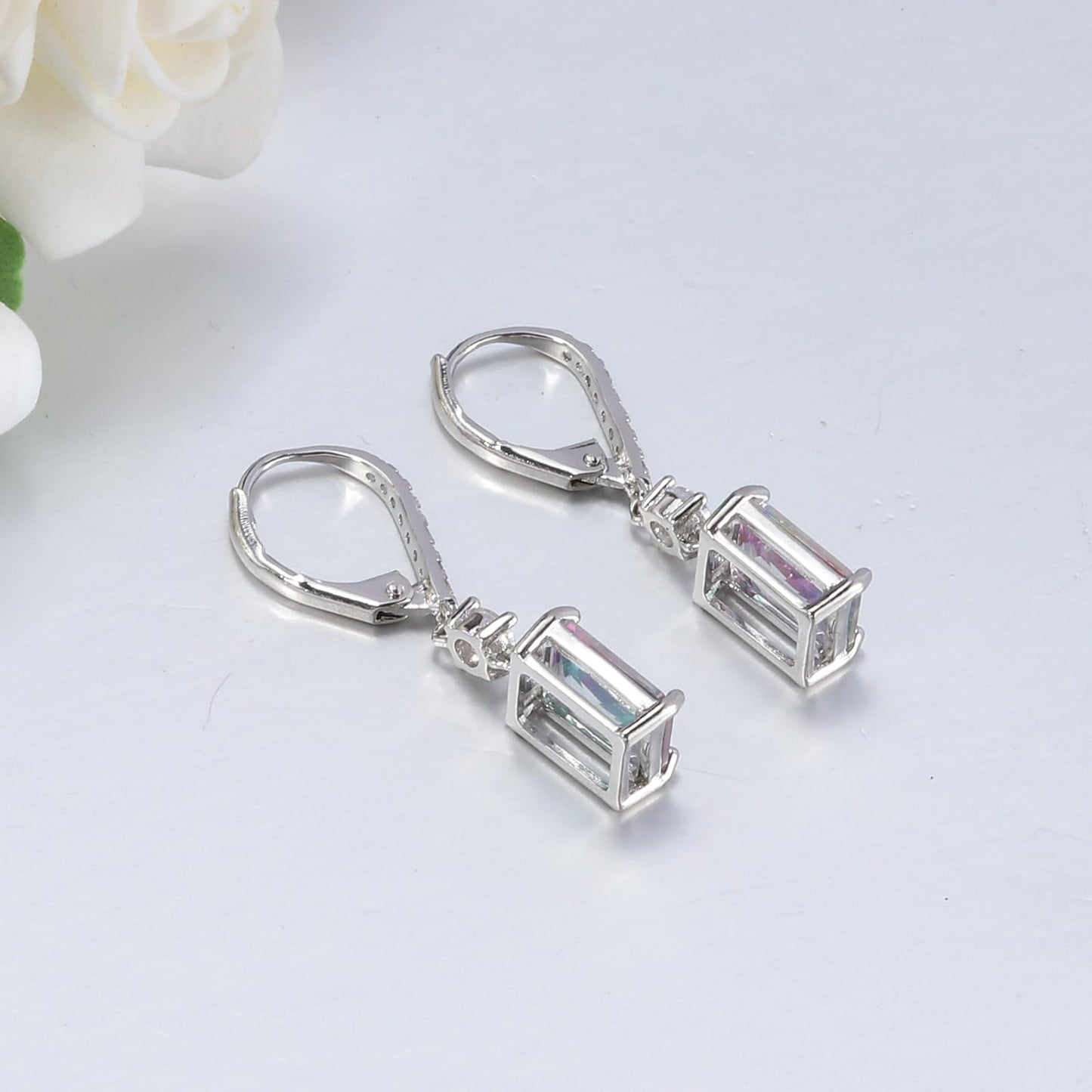 CiNily Leverback Earrings for Women Rectangular-cut Drop Dangle Earring Hypoallergenic, 14K White Gold Plated Mystic Rainbow Topaz Earrings Diamond Dangle Ear Rings Jewelry for Sensitive Ear