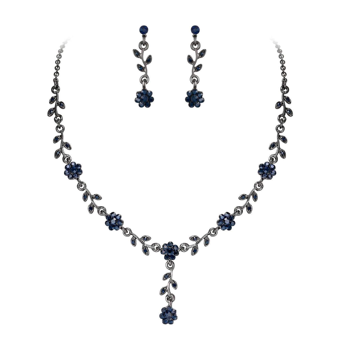 EVER FAITH Rhinestone Costume Jewelry for Prom Austrian Crystal Halloween Party Flower Necklace Earrings Set for Women Sapphire Blue Black-Tone