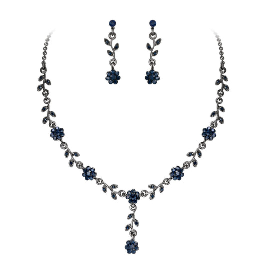 EVER FAITH Rhinestone Costume Jewelry for Prom Austrian Crystal Halloween Party Flower Necklace Earrings Set for Women Sapphire Blue Black-Tone