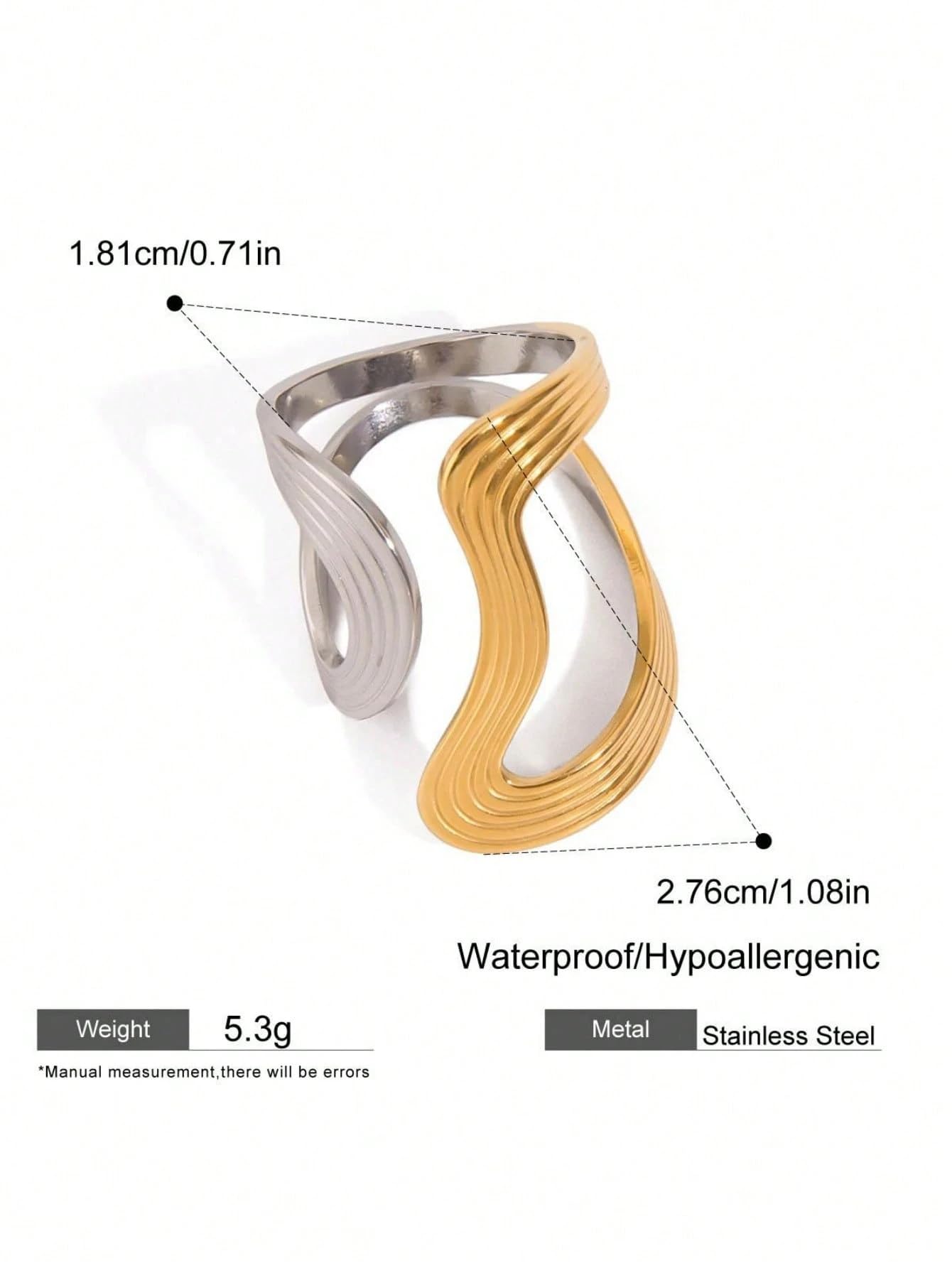 AIETUE Chunky Rings For Women, Gold Silver Thumb Ring Asymmetrical Wavy Curve Ring Adjustable Non Tarnish Dainty Stainless Steel New Year Anniversary Birthday Jewelry Gift (Trendy-G&S Mixed)