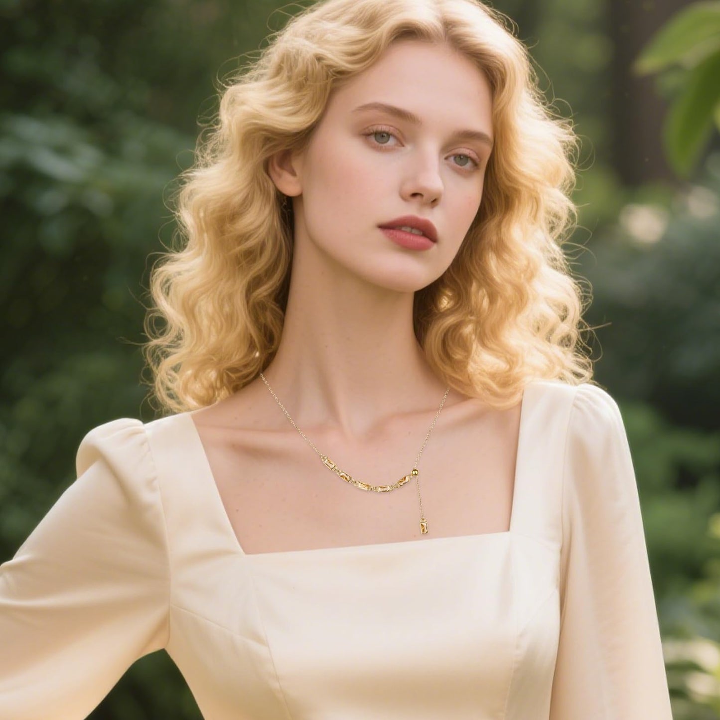 TaYolnFaSo Champagne Color Y Shaped Necklace 18K Gold Plated Champagne CZ Y Lariat Necklace Emerald Cut Jewelry Christmas Gift for Women