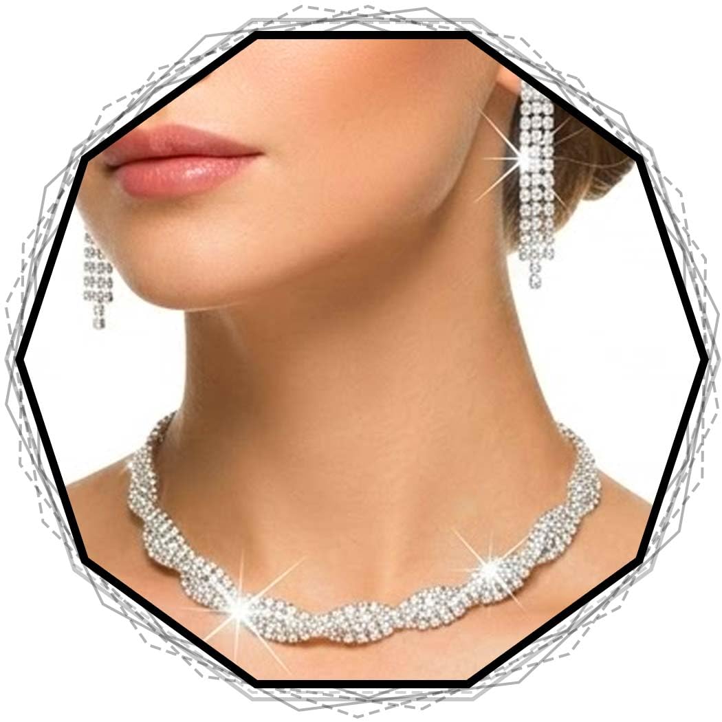 Brishow Bridal Choker Necklaces Set Silver Wedding Jewelry Sets Formal Rhinestone Necklace and Earring Set for Women (silver)