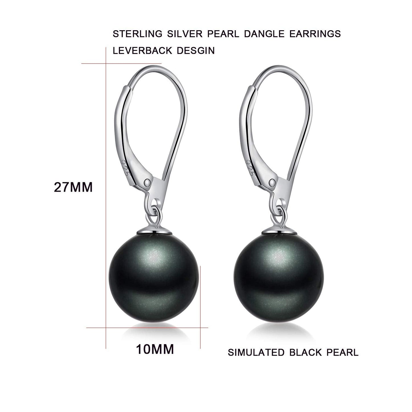 Han han Black Pearl Dangle Earring for Women Sterling Silver Leverback Earrings 10MM