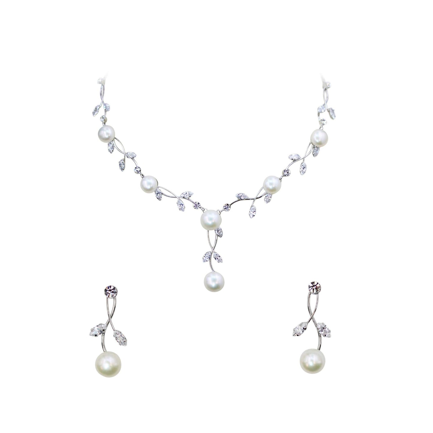 Faship Clear CZ Crystal Genuine Freshwater Pearls Floral Necklace Earrings Set - Clear