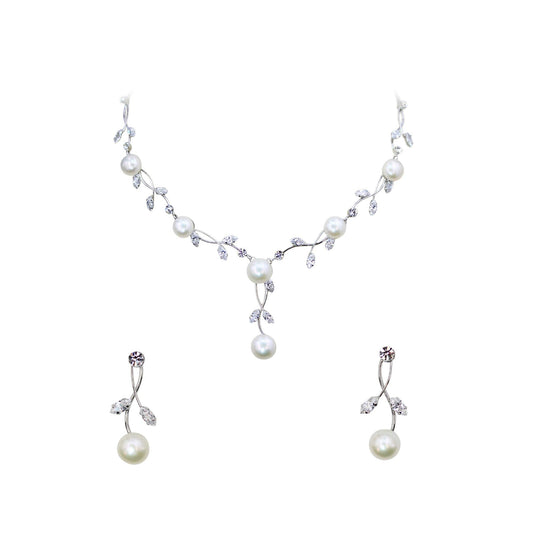 Faship Clear CZ Crystal Genuine Freshwater Pearls Floral Necklace Earrings Set - Clear